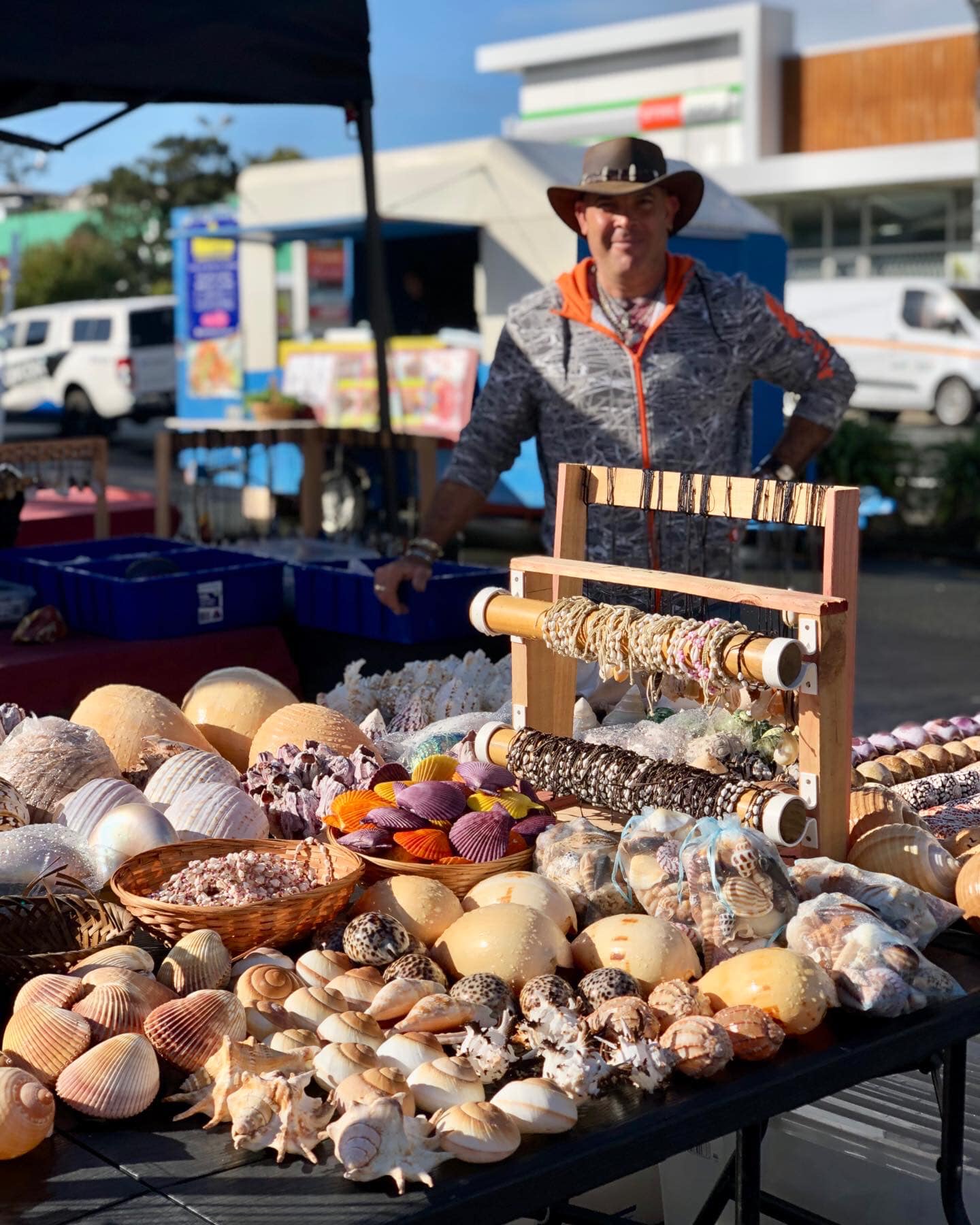 Rows of stalls in the Browns Bay village carpark on a bright Sunday morning.