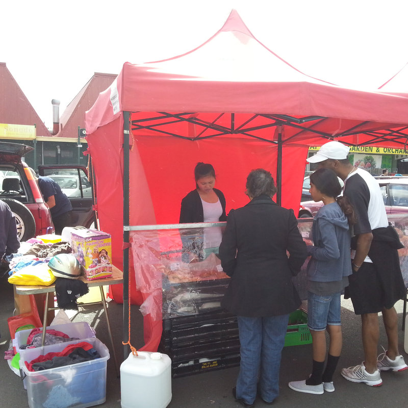 Second-hand books on a trestle table.